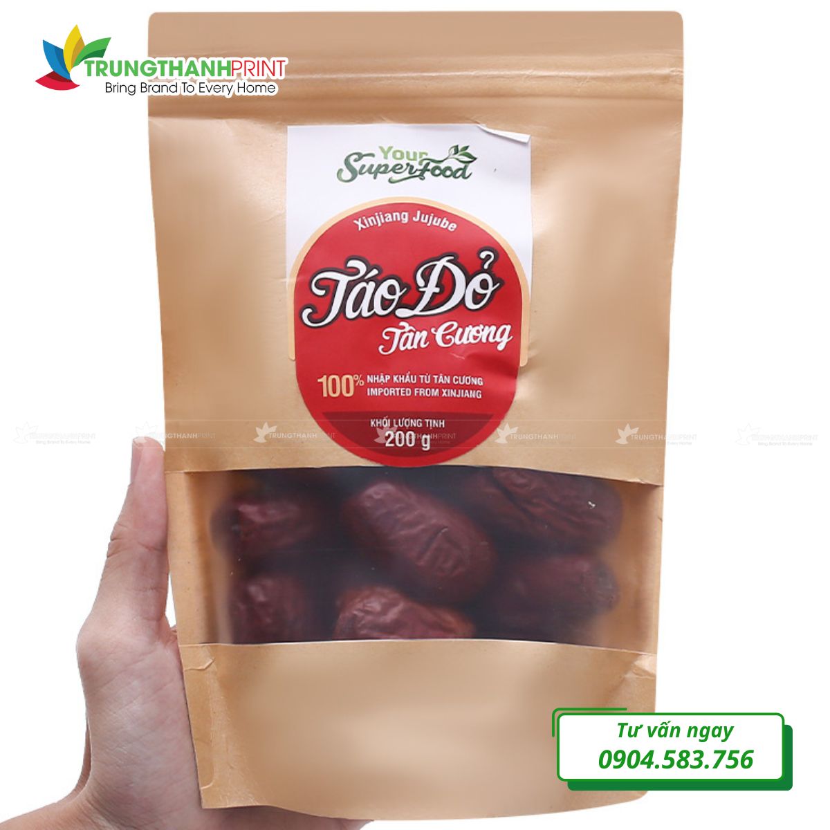 Mẫu túi zip giấy kraft có cửa sổ đựng táo đỏ