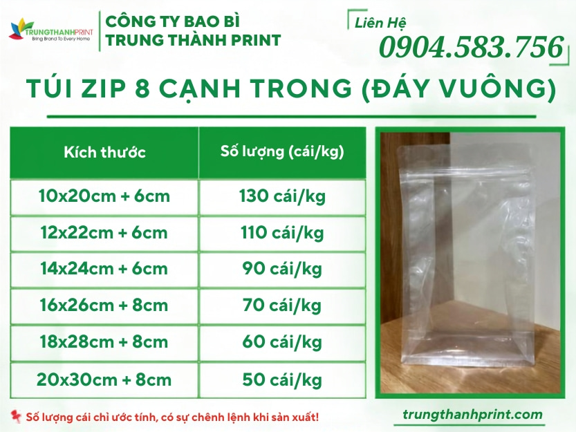kích thước túi zip 8 cạnh trong đáy vuông