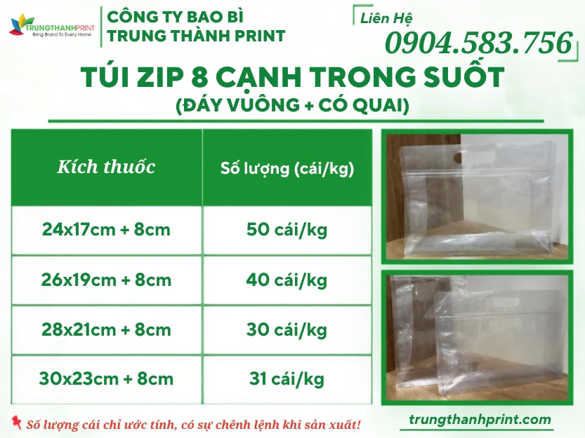 kích thước túi zip 8 cạnh trong