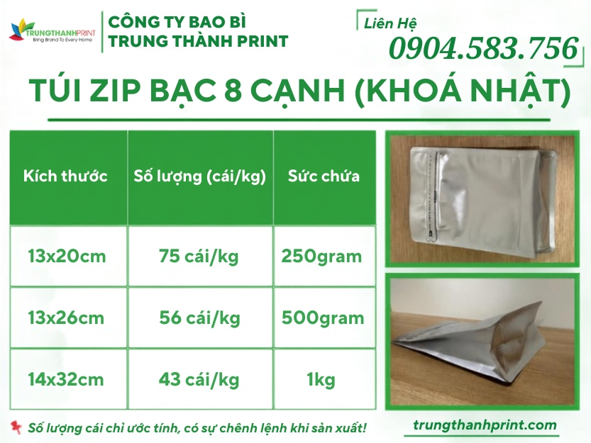 kích thước túi zip bạc 8 cạnh móc khoa nhật