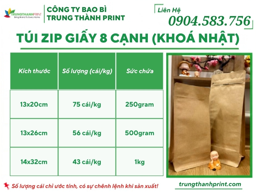 kích thước túi zip giấy 8 cạnh khóa nhật