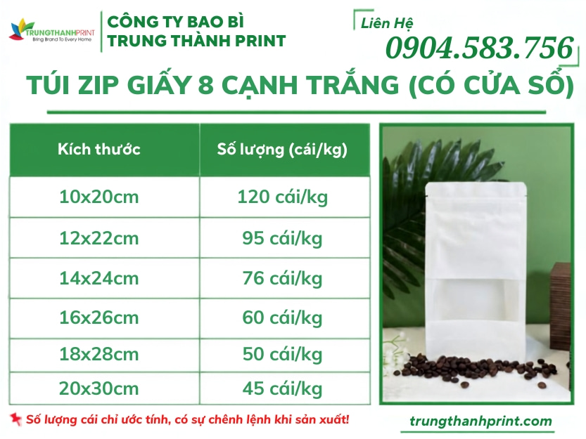 kích thước túi zip giấy 8 cạnh trắng