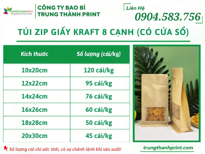kích thước túi zip giấy kraft 8 cạnh