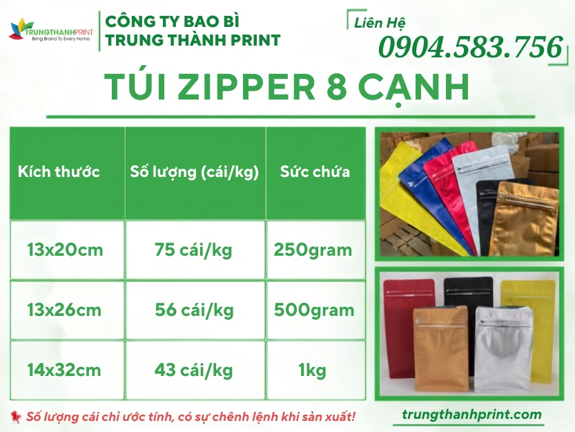 kích thước túi zipper 8 cạnh