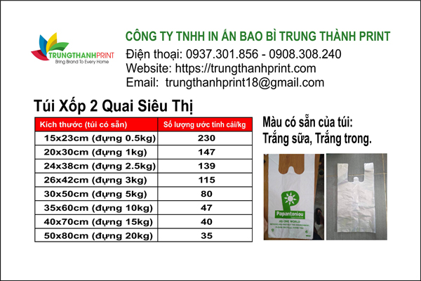 Bảng báo giá túi xốp siêu thị Trung Thành Print