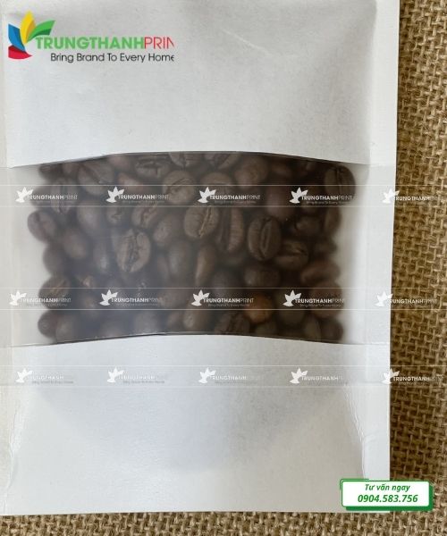 túi zipper màu trắng có cữa sổ đựng hạt cà phê