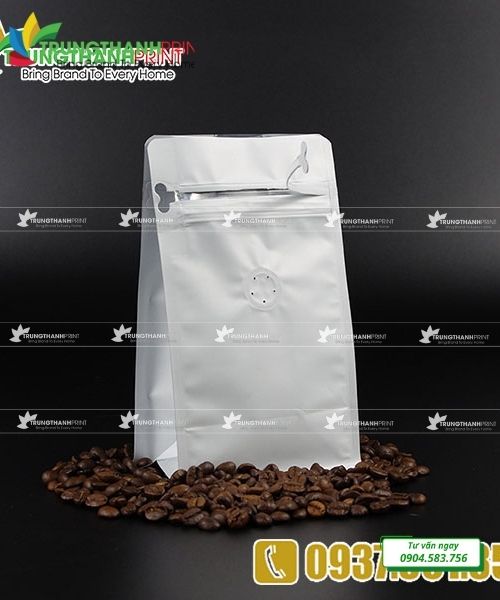 túi khóa kéo  màu trắng đựng hạt cà phê
